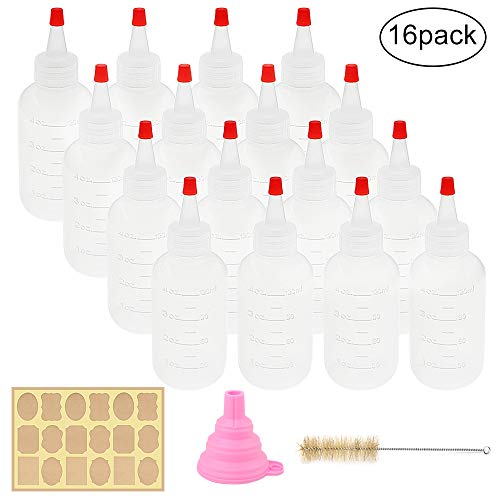 CUCUMI 16pcs 4oz Plastic Squeeze Bottles, with Red Tip Caps and Measurement,