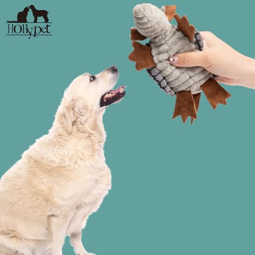 Image of Hollypet Plush Dog Squeaky Toy Stuffed Armadillo Animal Pet Puppy Chew Toys with Clean Teeth for Small Medium Large All Breed Sizes Dogs, Dark Gray, 6 in