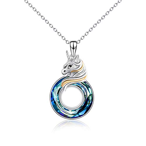 AOBOCO Unicorn Gift, Sterling Silver Unicorn Pendant Necklace with Blue Swarovski Crystal, Fine Jewelry for Women Teens Girls