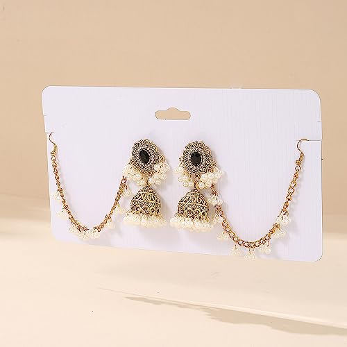 Chargances Indian Jhumka Jhumki Pearl Beaded Dangle Earrings Boho Black Crystal Drop Earrings Fashion Bollywood Stylish Gold Traditional Indian Jewelry for Women(Style 2)4