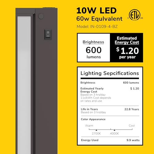 Image of GETINLIGHT 16-Inch Plug-in Swivel LED Under Cabinet Light, 2-CCT, Bronze | 2700K warm white /4000K bright white, dimmable. Model: IN-0109-4-BZ