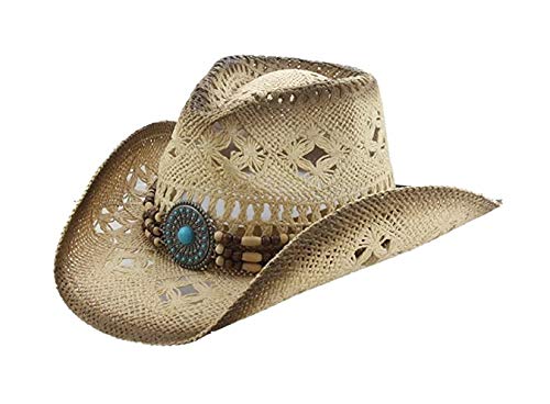 Men's & Women's Western Style Cowboy/Cowgirl Toyo Straw Hat (Tea Stain-Turquoise/Beads) #TOP24