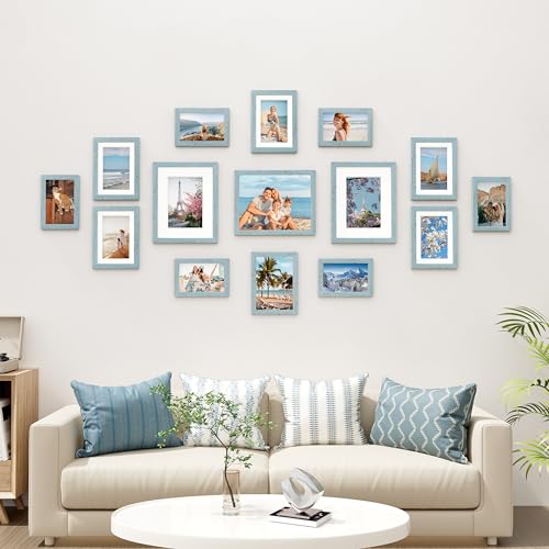 Image of Vittanly 15 Pack Picture Frames Collage Wall Decor for Mounting or Tabletop Display, Gallery Frame Set for Family, Multi Sizes Including 3pcs 8x10, 6pcs 5x7, 6pcs 4x6, Rustic Blue