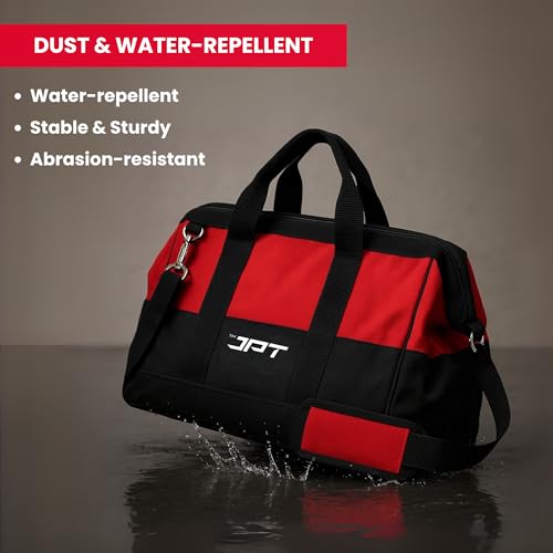 Image of JPT 18-Inch Heavy Duty Tool Bag, Wide Mouth Tool Storage Bag with Interior Pockets, Large Capacity Tool Tote Bag for Electricians, Power Tools Organizer Red /Black