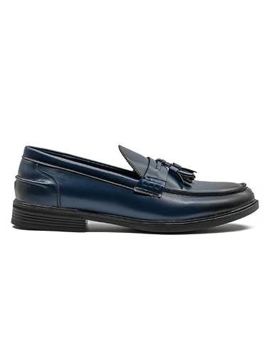 Image of Xposed Men’s Navy Faux Leather Tassel Loafers with Leather Lining & Cleated Sole | Classic Smart-Casual Slip-On Shoes