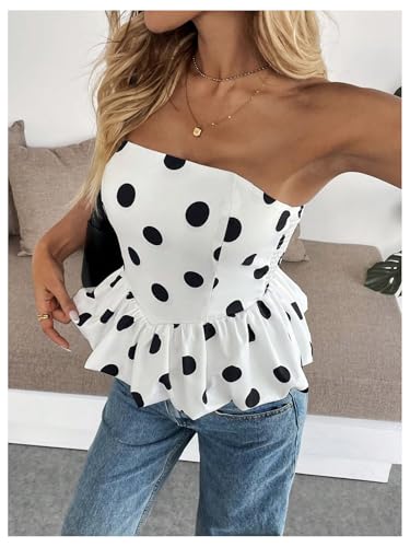 SOLY HUX Women's Polka Dots Strapless Tube Top Y2k Sleeveless Bubble Ruffle Hem Bandeau Tops2