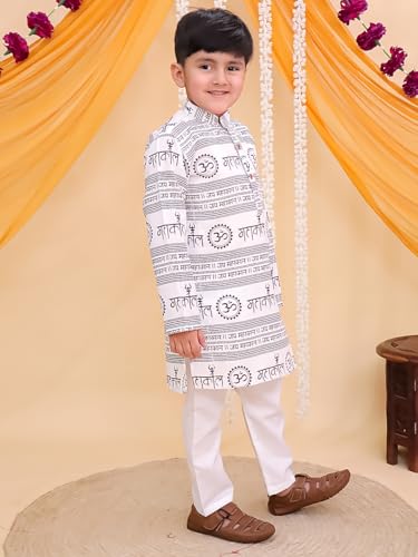 Image of AJ DEZINES Boys Cotton Full Sleeve Letter Printed Kurta Pajama Set for Kids - Ethnic wear | Special Occasion & Traditional Outfit |Boys Kurta Set - Regular Fit
