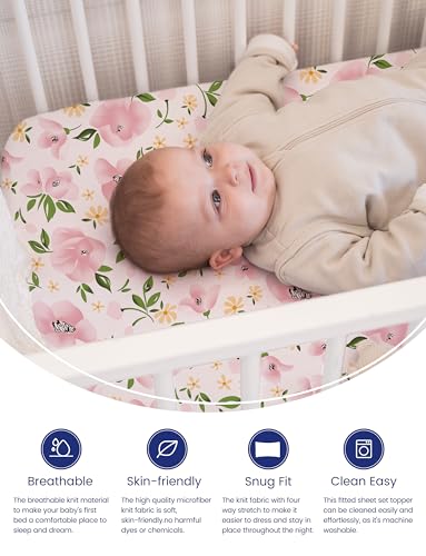 Image of Graco Pack and Play Sheets Fitted, TotAha Buttery Soft Mini Crib Sheets Girl, Floral Pack N Play Mattress Sheets Hypoallergenic, Premium Jersey Playrad Sheets, Meredith Allover & Pale Pink, 2 Pack