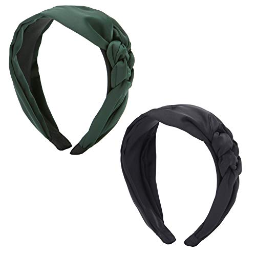 Folora 2pcs 90s Silk One-Side Braided Knot Vintage Style Headband for Women Girls(Green, Black)