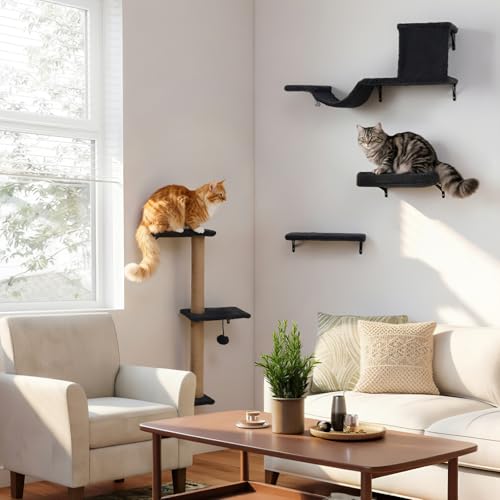 5-in-1 Cat Wall Shelves for Indoor Cats, Wall Mounted Cat Furniture with Bed, Cave, Scratching Post & Perch, Multi-Level Cat Climbing Wall, Space Saving Floating Cat Shelves (Natural Wood Darkgrey) — view 2