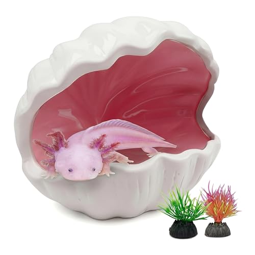 Axolotl Tank Accessories - Extra Large Ceramic Fish Tank Cave with 2PCS Artificial Plants Double Sided Glaze Shell Shape Hideout Aquarium Hides Cave Decor Shelter for Betta Pet Frog Fish(Pink)