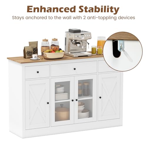 GiantexUK Wooden Buffet Sideboard – Spacious Kitchen Storage Cabinet with Adjustable Shelves, 3 Drawers & 2 Glass Doors, Freestanding Display for Dining or Living Room (White) - Image 6