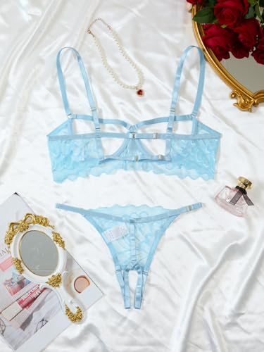 Image of Lilosy Sexy Underwire Floral Lace Sheer Lingerie Set for Women See Through Bra and Panty 2 Piece
