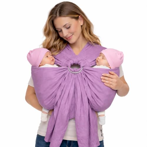 best baby wrap carrier for twins Pink Tandem Ring Sling for Twins – 100% Linen Cotton Blend Baby Carrier | Ergonomic Twin Baby Sling for Hip Carry | Soft, Adjustable & Breathable Ring Sling for Newborns to Toddlers up to 60 lbs