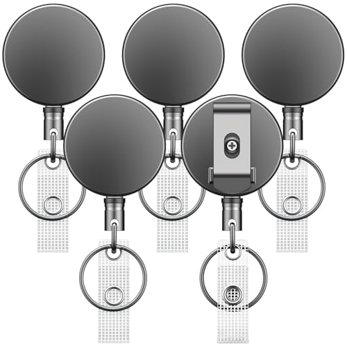 Uniclife 5 Pack Metal Retractable Keychain Heavy Duty Retractable Badge Reel for Badge Holder All Metal Casing with Stainless Steel Spring Coil 27.5 Inch Nylon Rope Belt Clip and Key Ring