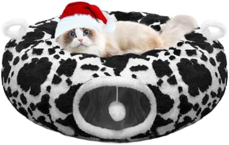Cat Tunnel Bed for Indoor Cats, Soft Plush Donut Peekaboo Cat Cave, Multifunctional Playground Toy for Small Medium Large Cats, Kittens, Rabbits, Ferrets, with Washable Cushion (Black&White)