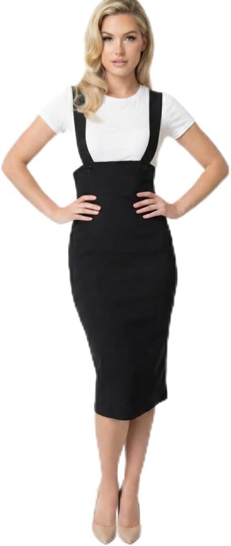 Tatyana Retro Pencil Jumper, Grey and White Check Pattern, Adjustable Straps, 1950s Vintage Style, High-Waisted