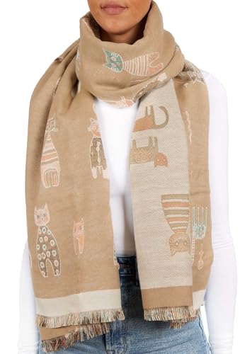 BRUBAKER Cashmirillo Damen Schal mit Katzen Muster - 70 x 200 cm - Warm und Kuschelig - Winterschal für Herbst und Winter - Herbstschal - Weiches Kaschmir-Gefühl - Braun und Beige