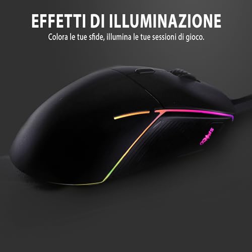 Mouse Gaming Ergonomico, Sensore Pixart 3360 12.000 DPI, Polling Rate 1000Hz, 6 Pulsanti Programmabili, RGB Dinamico, Compatibile con Tastiera Gaming 60% SFX, Nero, Plastica - Mouse gaming - Immagine 4