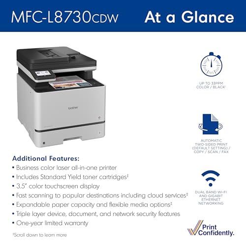 Brother MFC-L8730CDW Business Color Laser All-in-One Printer with Duplex Print, Scan, Copy, Wireless Networking, and Advanced Security Features