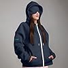 Navy Zip Up Hoodie Women Oversized Sweatshirt, Travel Hoodie with Eye Mask and Secret Pockets,Womens Fleece Jacket Full Zip with Hood, Ladies Long Sleeve Sweatshirt Drawstring Hoodies L #2