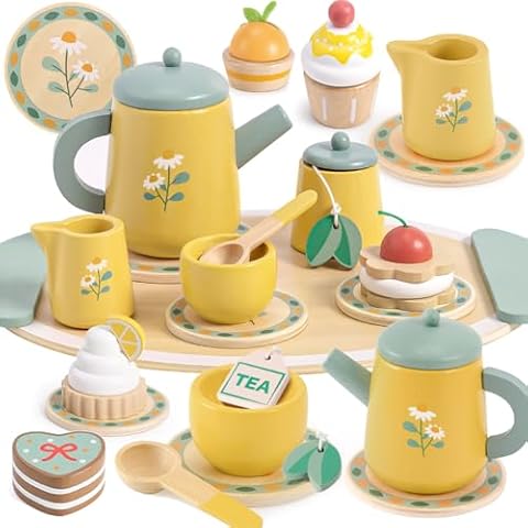 Toyssa Wooden Tea Party Set for Little Girls Toys Toddler Pretend Food with Tea Tray & Play Kitchen Accessories, Wooden Toys for Toddlers 3 4 5 6 Years Old, Birthday Kids Girls Gifts 3-6 Cover