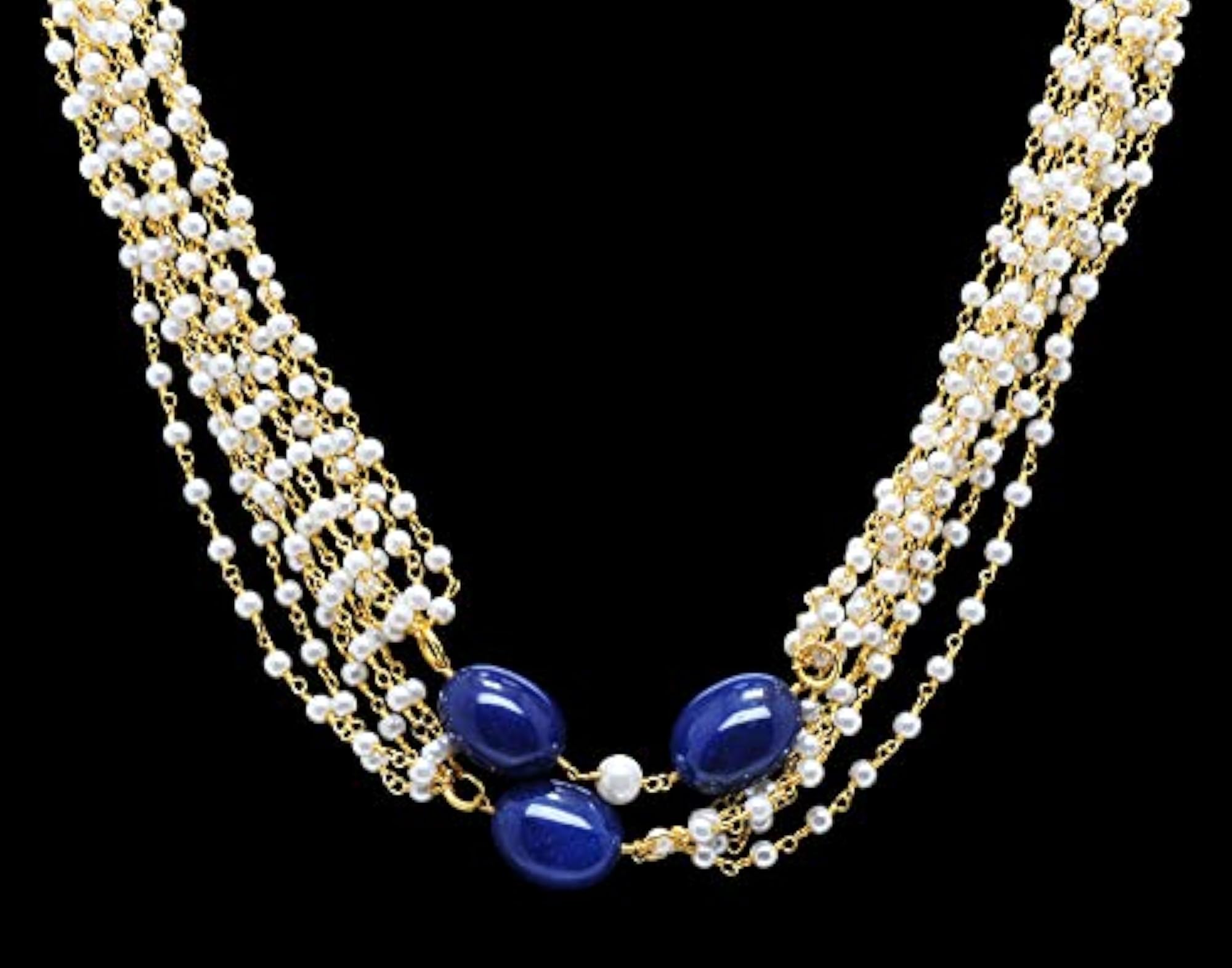 Jaipur Pearl & Sapphire Gemstone Chain Necklace, Gift for Her