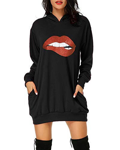 Damen Langarm Kapuzenpullover Drucken Hoodies Tunika Pullover Sweatshirt Minikleid Lange Tops 04-Lippen Schwarz 2 M