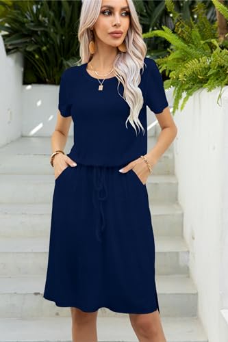 levaca Womens Summer Casual Dress Belly Drawstring Beach Coverup Short Sleeve 2025 Outfit Midi Sundress with Pockets2