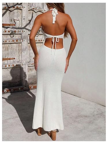 Milumia Women's Hollow Out Tie Backless Halter Beach Dress Sexy Deep V Neck Knitted Maxi Dresses3