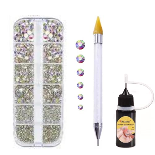 Aretes, Home Kit Pedreria para Uñas Diamantes de Imitación para Uñas Tornasol, 1440 Piezas Decoración de Uñas de Cristal AB Brillante Diamantes 6 Tamaños Con Lapiz...