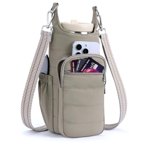Lexiyat Water Bottle Bag 40 oz Crossbody Bag Insulated Carrier Purse Holder for Walking Hiking with Adjustable Strap Khaki