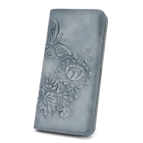 Image of Wallet Women Ultra Slim Thin Rfid 3D Embossed Vegan Leather Womens Wallet Clutch Long Ladies Wallet (06-Blue)