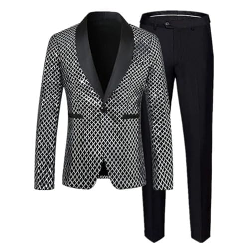 Men Sequins Plaid Suits Singer Host Prom Party Bar Stage Performance Dress Blazer Jacket and Pants Silver XL