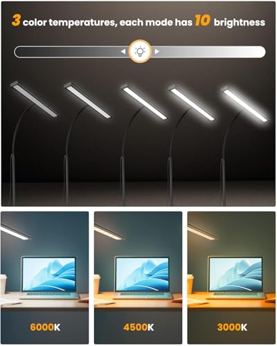 Image of ELEPHANTBOAT 3-Color LED Table Lamp for Study Room, 15.7'' Study Lamp with Flexible Gooseneck USB Wired Desk Light with 10-Level Dimming Aluminum Alloy Lamp Light for Study, Office