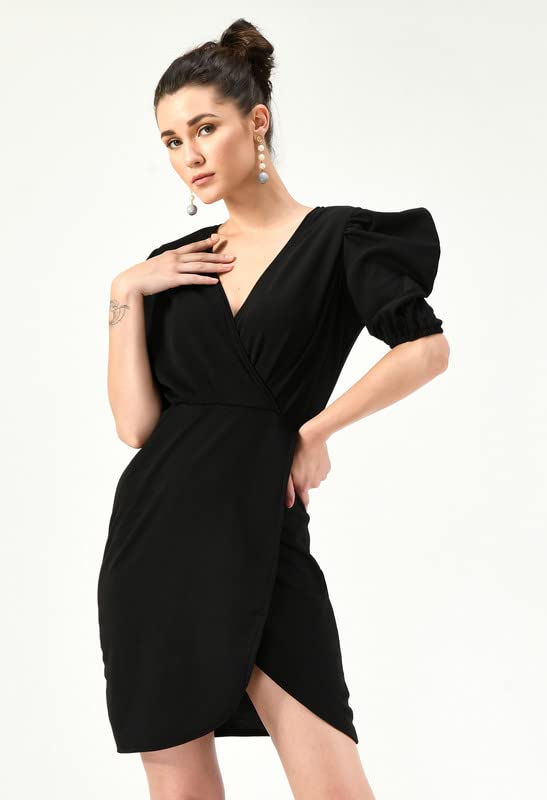 Image of Women's Puff Sleeve V-Neck Bodycon Casual Mini Dress