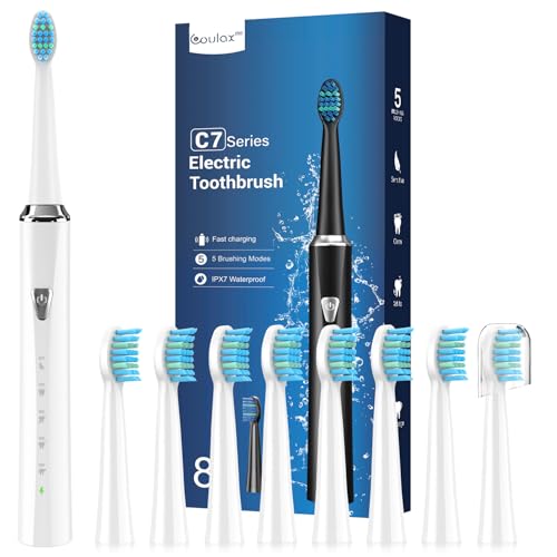 Cepillos de Dientes Electricos Sónico Adultos con 8 Cabezal - Cepillo Electrico con Estuche de Viaje, 5 Modos y IPX7, Cepillos de Dientes Eléctricos Ultrasónicos para Mujer Hombres, Blanco Brillante