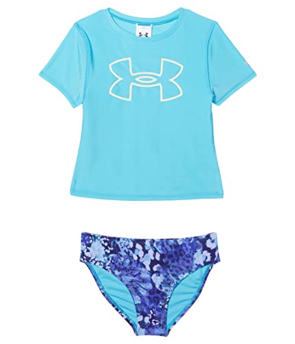 Image of Under Armour Girl's Short Sleeve Rashguard Surf Shirt and Swim Bottoms Set, UPF 50+ Sun Protection, Quick-Dry Bathing Suit