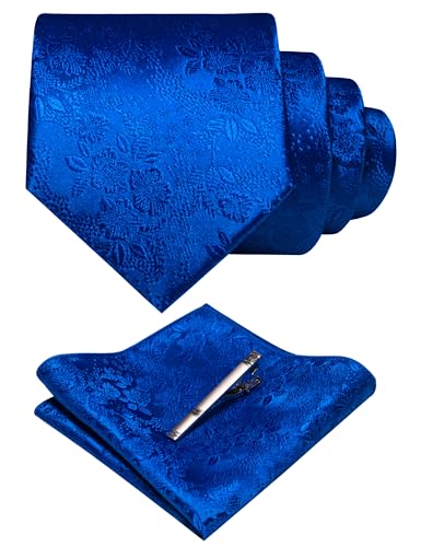 JEMYGINS Silk Royal Blue Floral Tie Necktie and Pocket Square Hankerchief and Tie Bar Clip Sets for Men(31)