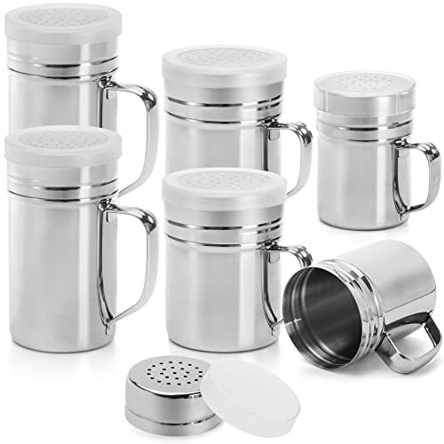 Dicunoy 6 Pack Stainless Steel Spice Jar Dredge Shaker, Flour Sugar Salt Pepper Shaker, Metal Seasoning Shaker with Lid and Handle, Griddle Seasoning Spice Container for BBQ, Baking, 7,12,15 OZ
