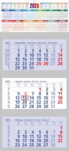 3-Monatskalender/Jahreskalender 2026/3 Monatsblöcke/Feiertage/Schulferien/mit Datumschieber