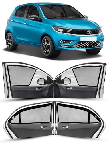 Image of Autofact Magnetic Car Sunshades Compatible with Tata Tiago (Set of 4) - Easy Installation, UV Protection, Keeps Car Cool (Front 2 Half-Cut for Side Mirror Visibility, Rear 2 with Zippers)