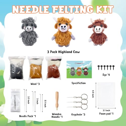 Image of Needle Felting Kit, 3 Pcs Highland Cow Wool Needle Felting Kit for Beginners & Adult, Animal Doll Making Set with Video Instruction, Craft Party Supplies, Tools & Foam Pad, DIY Birthday Gift