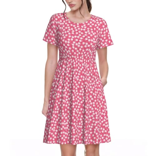 Robe tunique à manches courtes fleurie rose avec poches pour femme