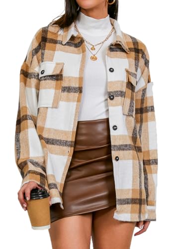 CHYRII Women's Casual Brushed Flannel Plaid Shacket Button Down Long