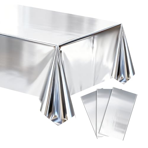 mwellewm 3Pcs Silver Tablecloth 54x72 inch Plastic Shiny Disco Table Cloth Disposable Foil Table Cover for Birthday New Year Decorations Wedding Christmas Anniversary Dinner Grad Party Supplies