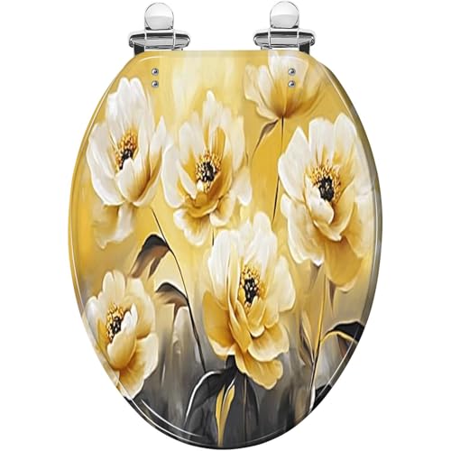 Elongated Toilet Seat Oil flower rose gold leaves Botanic print canvas triptych Resin Toilet Seat Slow Quiet Close with Quick-Release Hinges Toilet Seat with Cover Easy to Clean Install