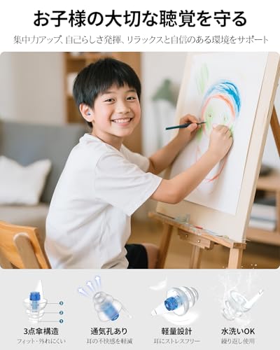 Quietide 子供用耳栓 集中 集中力アップ耳栓、聴覚過敏、不安やストレス緩和、家、学校、遊びの場に最適 聴覚障害予防イヤープラグ 勉強 通学 飛行機 電車 繰り返し使用可能 Q53 transparent blue M