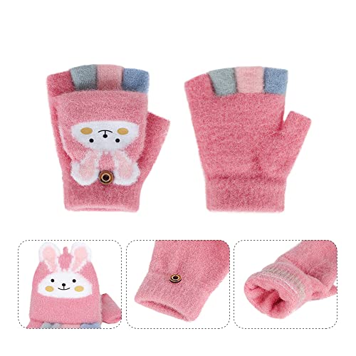 Kids Convertible Fingerless Gloves Cat Bunny Knit Flap Cover Mittens Half Finger Stretchy Mitten Glove for Girls Boys 6-12Y4
