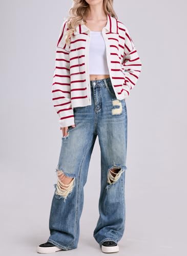 Image of chouyatou Women's Button Down Striped Cardigan Sweater Polo Collar Open Front Knit Jacket 2024 Fall Outfits